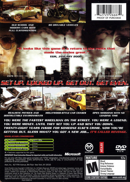Driver Parallel Lines Xbox for action driving video game fans featuring open world city exploration cinematic crime storyline high speed car chases vehicle customization intense missions third person shooting 1970s and 2000s New York setting collectible gaming appeal back cover art