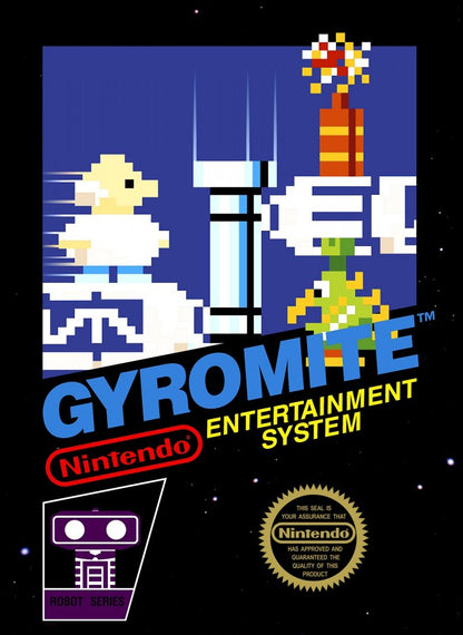 Gyromite 5 Screw Nintendo Entertainment System NES for action puzzle video game fans featuring Professor Hector and R.O.B. robot compatibility platforming gameplay color coded pillar puzzles classic Nintendo entertainment early NES release 5 screw cartridge collectible retro gaming appeal front cover art