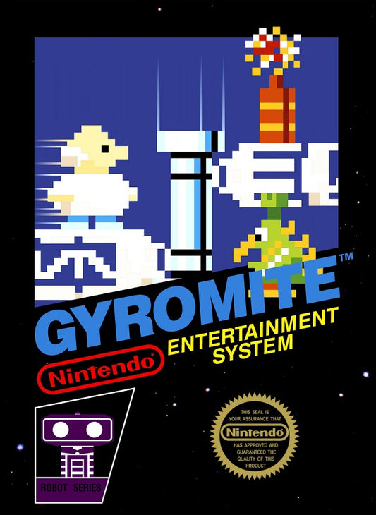 Gyromite 5 Screw Nintendo Entertainment System NES for action puzzle video game fans featuring Professor Hector and R.O.B. robot compatibility platforming gameplay color coded pillar puzzles classic Nintendo entertainment early NES release 5 screw cartridge collectible retro gaming appeal front cover art