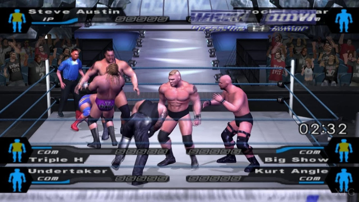 WWE SmackDown Here Comes the Pain Greatest Hits PS2 inspired design featuring professional wrestling action aesthetic iconic WWE superstars intense ring combat championship matches fast paced grappling gameplay legendary sports entertainment nostalgia PlayStation 2 presentation gameplay 