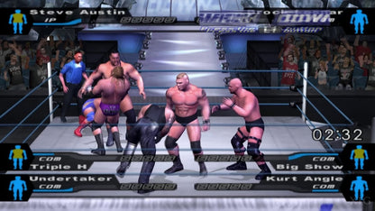 WWE SmackDown Here Comes the Pain Greatest Hits PS2 inspired design featuring professional wrestling action aesthetic iconic WWE superstars intense ring combat championship matches fast paced grappling gameplay legendary sports entertainment nostalgia PlayStation 2 presentation gameplay 
