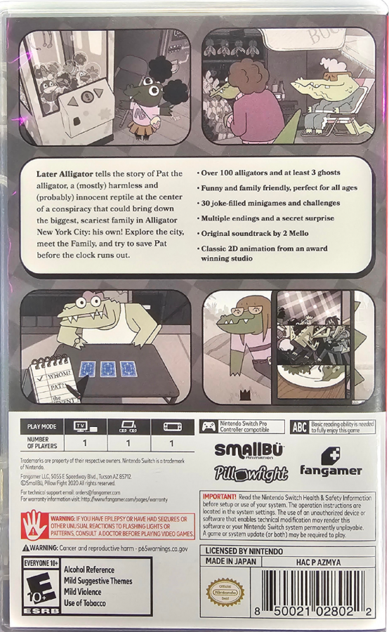 Later Alligator Nintendo Switch for adventure puzzle video game fans featuring hand drawn cartoon visuals humorous storytelling quirky characters point and click gameplay mystery solving interactive exploration charming animation family friendly adventure collectible gaming appeal back cover art