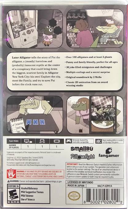 Later Alligator Nintendo Switch for adventure puzzle video game fans featuring hand drawn cartoon visuals humorous storytelling quirky characters point and click gameplay mystery solving interactive exploration charming animation family friendly adventure collectible gaming appeal back cover art