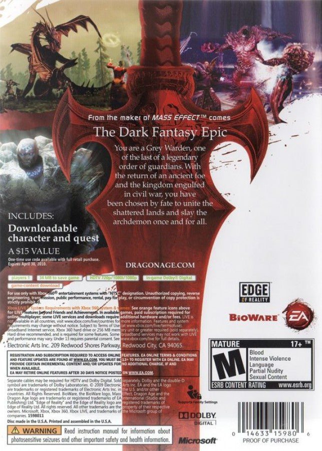 Dragon Age: Origins back of case for Xbox 360 (X360) fantasy role-playing video game
