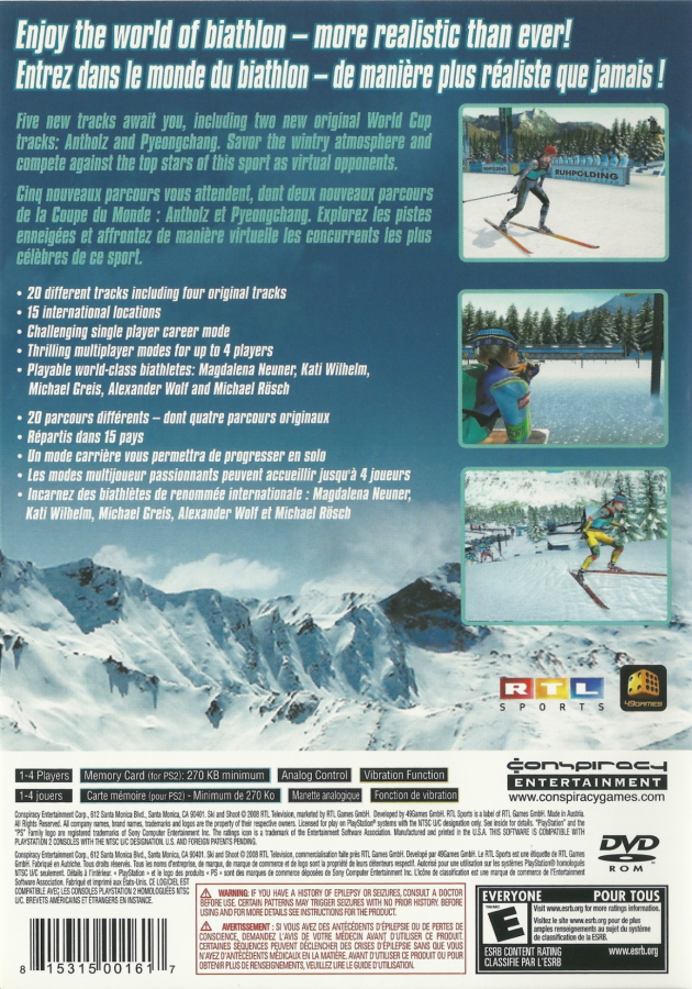 Ski and Shoot – PlayStation 2 (PS2) video game back of case, winter sports shooting game