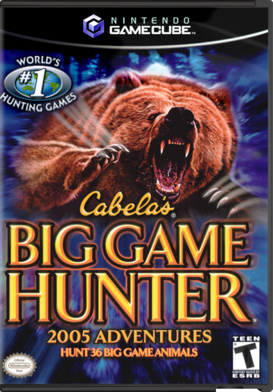 Cabela’s Big Game Hunter 2005 Adventures GameCube game featuring realistic hunting simulation gameplay and outdoor adventure action front cover