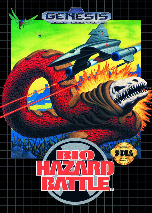 Bio-Hazard Battle game for the Sega Genesis featuring side scrolling shoot em up gameplay with organic themed environments weapon upgrades cooperative multiplayer and fast paced action as players pilot biomechanical ships through alien worlds front cover 