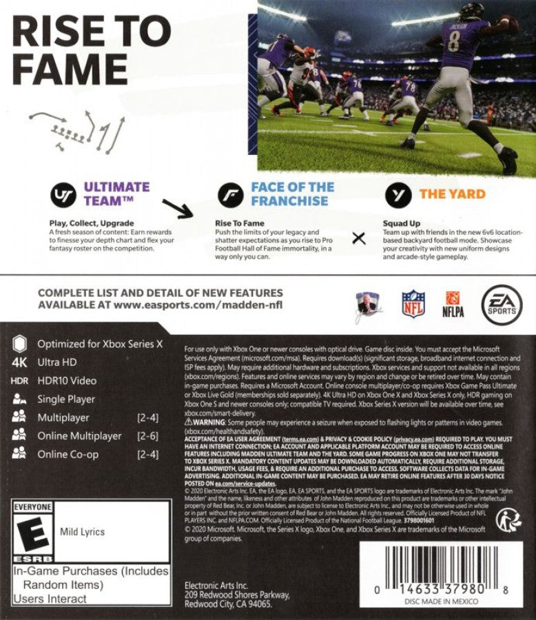 Madden NFL 21 back of case for Xbox One (XONE) sports football video game.