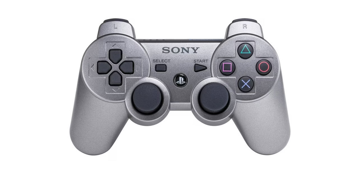 PlayStation 3 PS3 DualShock 3 Controller OEM Silver original Sony wireless game controller featuring pressure-sensitive buttons analog sticks vibration feedback Sixaxis motion sensing USB charging rechargeable battery silver finish and classic PlayStation 3 PS3 gaming accessory collectible appeal front