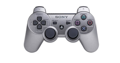 PlayStation 3 PS3 DualShock 3 Controller OEM Silver original Sony wireless game controller featuring pressure-sensitive buttons analog sticks vibration feedback Sixaxis motion sensing USB charging rechargeable battery silver finish and classic PlayStation 3 PS3 gaming accessory collectible appeal front
