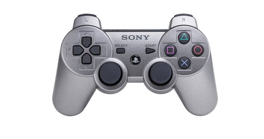 PlayStation 3 PS3 DualShock 3 Controller OEM Silver original Sony wireless game controller featuring pressure-sensitive buttons analog sticks vibration feedback Sixaxis motion sensing USB charging rechargeable battery silver finish and classic PlayStation 3 PS3 gaming accessory collectible appeal front