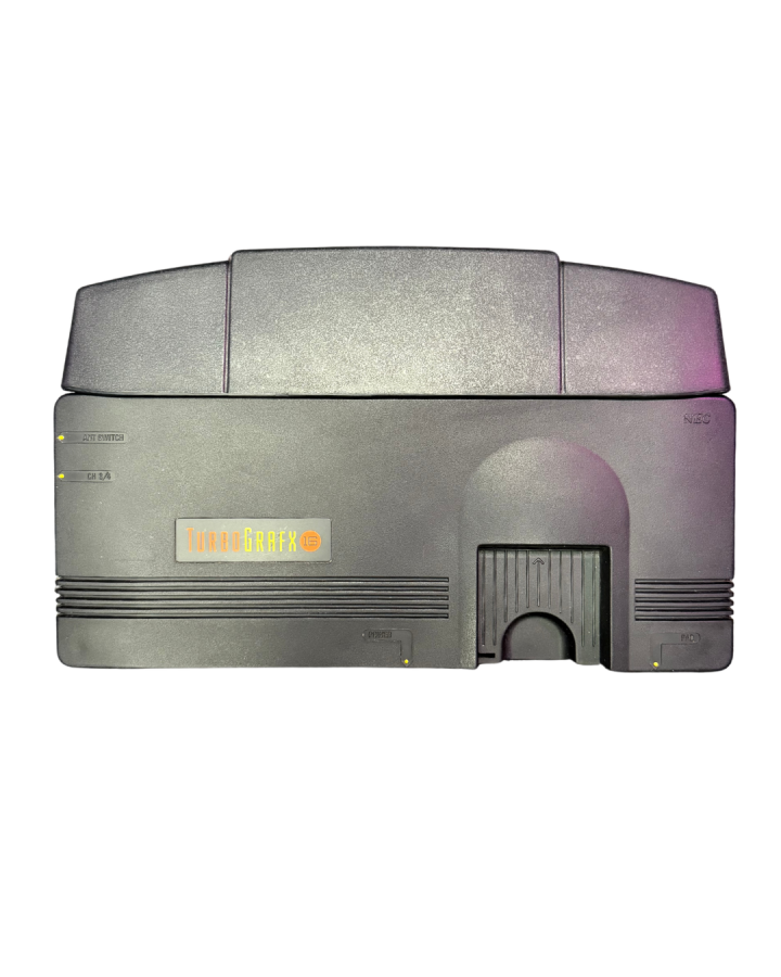TurboGrafx-16 console for retro video game enthusiasts featuring classic 8 bit and 16 bit gaming capabilities iconic home entertainment system original controller support HuCard game compatibility vintage NEC hardware collectible gaming appeal front view