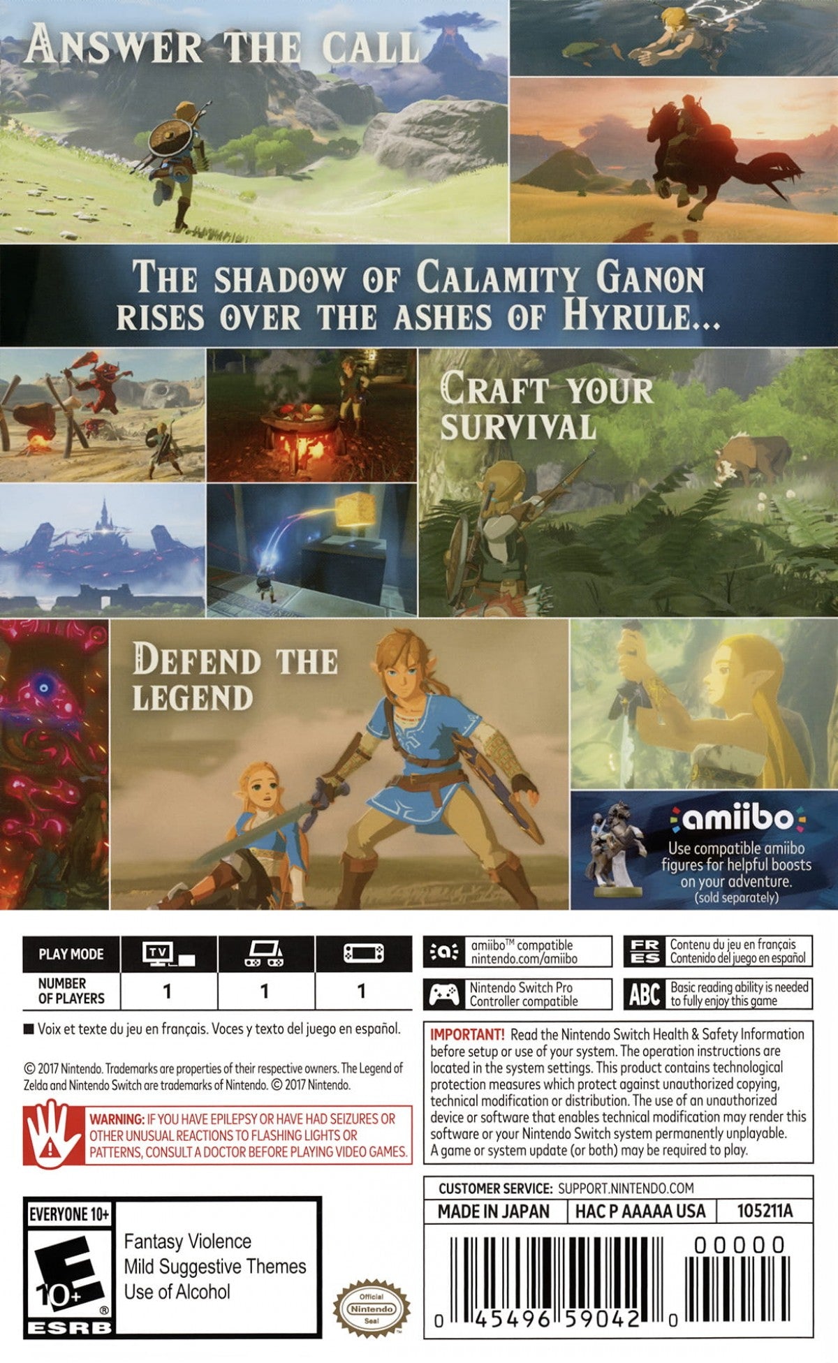 The Legend of Zelda Breath of the Wild Starter Pack Nintendo Switch NS for action adventure video game fans featuring expansive open world exploration Link quests puzzle filled shrines survival gameplay epic combat crafting exploration starter pack edition and collectible gaming appeal back cover art