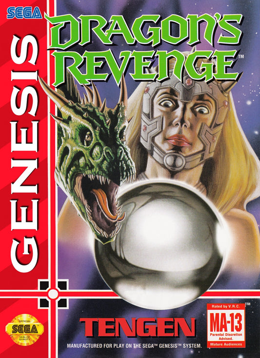 Dragons Revenge retro Sega Genesis video game featuring fantasy pinball gameplay, arcade style action, monster themed tables and classic Genesis entertainment - cover art