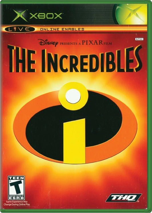 Disney Pixar The Incredibles Xbox action-adventure video game based on the animated film superhero family Mr Incredible Elastigirl Dash Violet Frozone crime fighting levels Syndrome omnidroid villain cooperative gameplay THQ Pixar license cel-shaded graphics super powers puzzle platforming front cover
