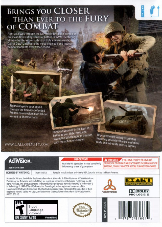 Call of Duty 3 – Nintendo Wii (Wii) back cover art for video game for Wii