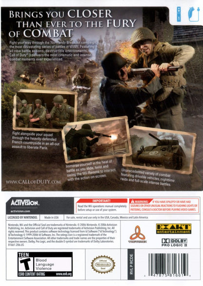 Call of Duty 3 – Nintendo Wii (Wii) back cover art for video game for Wii