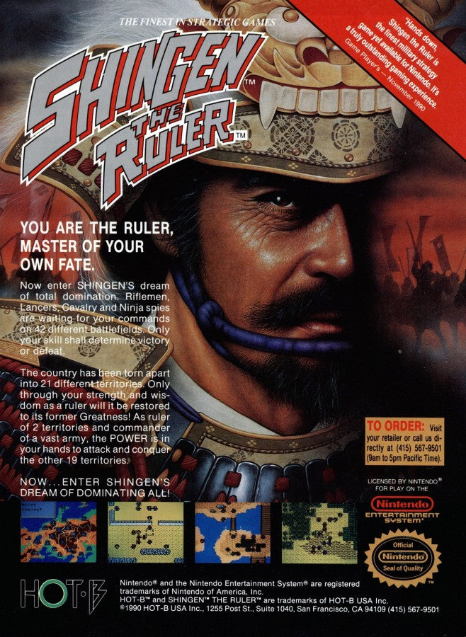 Shingen the Ruler Nintendo Entertainment System NES for strategy role playing video game fans featuring feudal Japan warfare samurai battles strategic map gameplay army management resource management castle sieges historical campaigns and classic Nintendo Entertainment System gameplay collectible retro gaming appeal front cover art