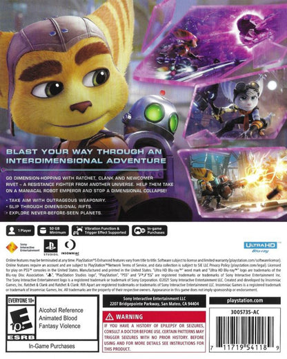 Ratchet & Clank: Rift Apart back of case for PlayStation 5 (PS5) action adventure platformer video game