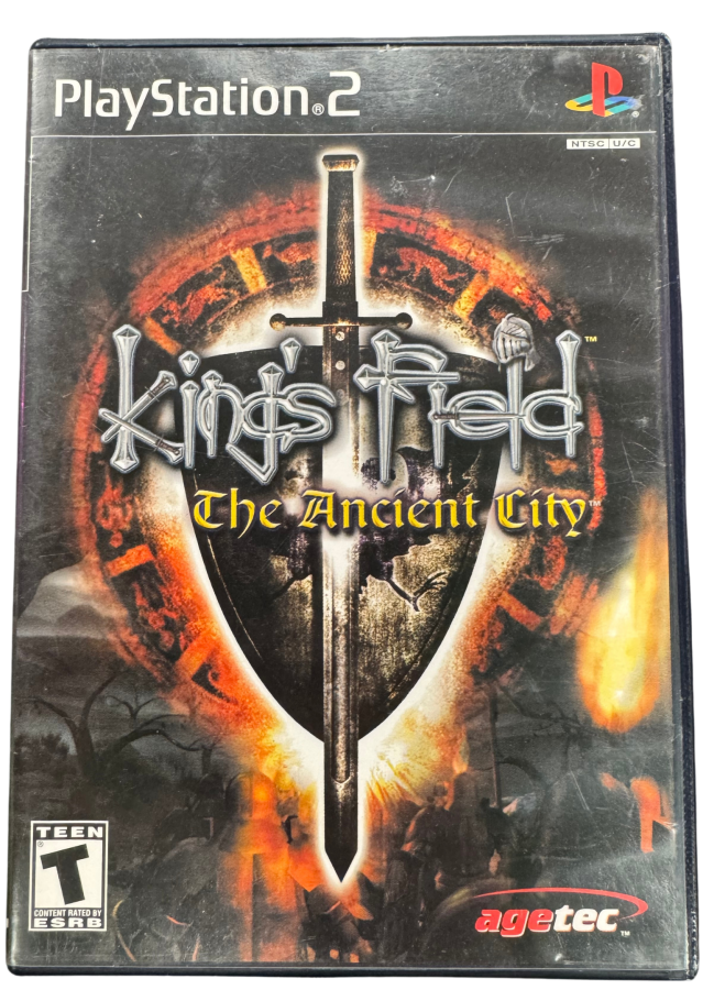 King's Field The Ancient City PlayStation 2 PS2 first-person role playing video game featuring dark fantasy dungeon exploration sword combat magic spells challenging monsters treasure hunting character development mysterious environments and classic PlayStation 2 PS2 gameplay collectible retro gaming appeal cover art