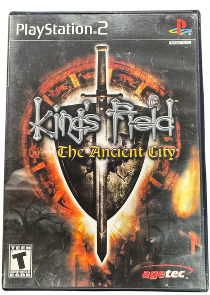 King's Field The Ancient City PlayStation 2 PS2 first-person role playing video game featuring dark fantasy dungeon exploration sword combat magic spells challenging monsters treasure hunting character development mysterious environments and classic PlayStation 2 PS2 gameplay collectible retro gaming appeal cover art