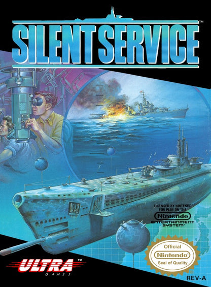 Silent Service Nintendo Entertainment System NES for retro video game enthusiasts featuring World War II submarine simulation gameplay strategic naval combat realistic mission objectives tactical resource management classic military action and collectible gaming appeal front cover