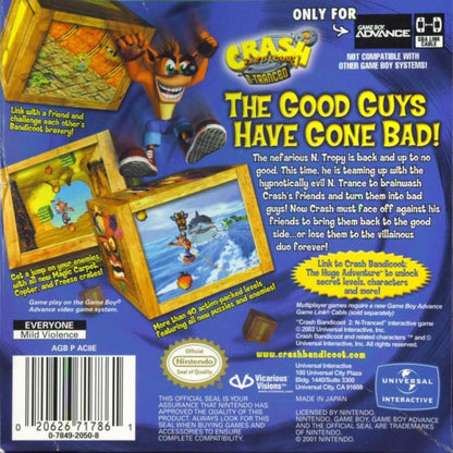 Crash Bandicoot N-Tranced game for the Game Boy Advance featuring side scrolling platformer gameplay with classic Crash mechanics including jumping spinning and crate breaking along with boss battles and levels involving mind control themed challenges back cover art