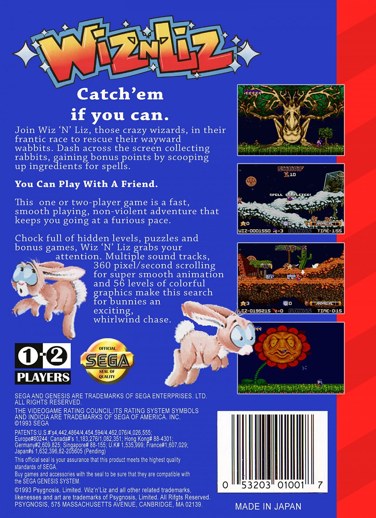 Wiz n Liz Sega Genesis retro video game platformer back of case (1993)
