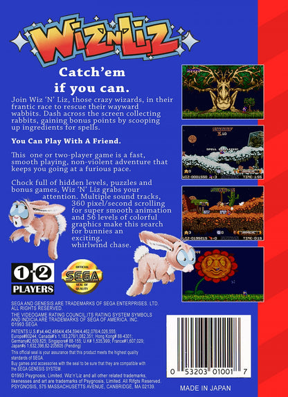 Wiz n Liz Sega Genesis retro video game platformer back of case (1993)