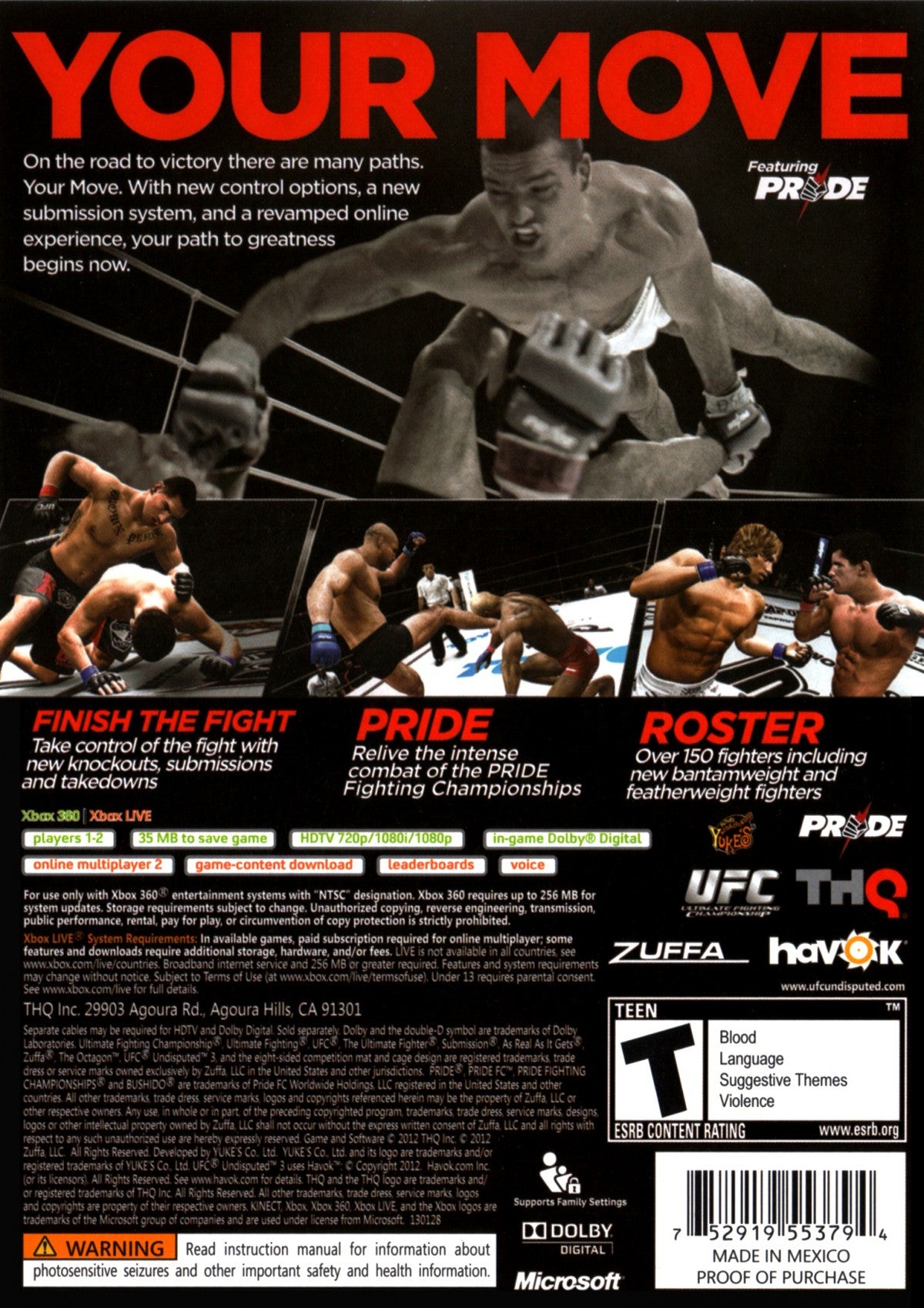 UFC Undisputed 3 Xbox 360 inspired design featuring mixed martial arts sports simulation aesthetic realistic MMA combat octagon fights licensed UFC fighters intense grappling striking gameplay competitive championship atmosphere nostalgic THQ sports presentation back cover