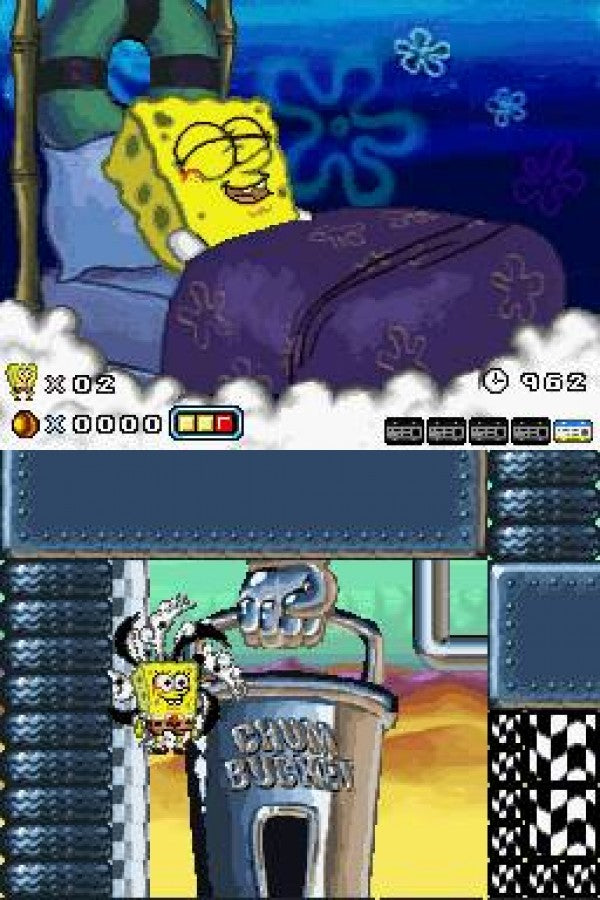 SpongeBob SquarePants Creature from the Krusty Krab Nintendo DS DS action adventure game featuring SpongeBob Patrick and Plankton surreal levels platforming challenges flying sequences boss battles and Nickelodeon cartoon gameplay retro video game collection collectible gaming appeal gameplay screenshot
