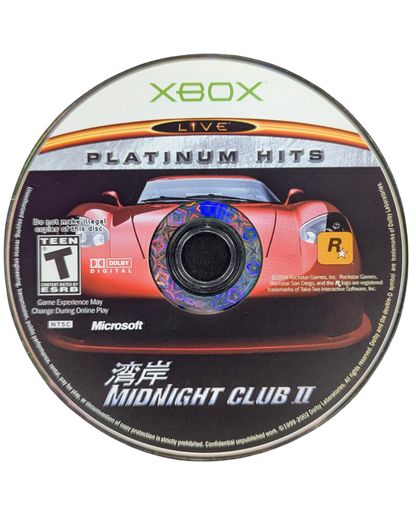 Midnight Club II Platinum Hits Xbox video game, arcade street racing, open-city environments, high-speed multiplayer action, classic console title disc