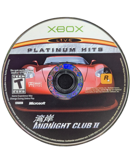 Midnight Club II Platinum Hits Xbox video game, arcade street racing, open-city environments, high-speed multiplayer action, classic console title disc