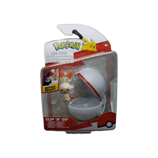 Pokemon Clip N Go Battle Figure Scorbunny Premier Ball collectible Pokémon Clip N Go set featuring Scorbunny fire type figure with Premier Ball Poké Ball accessory belt clip toy for fans and collectors