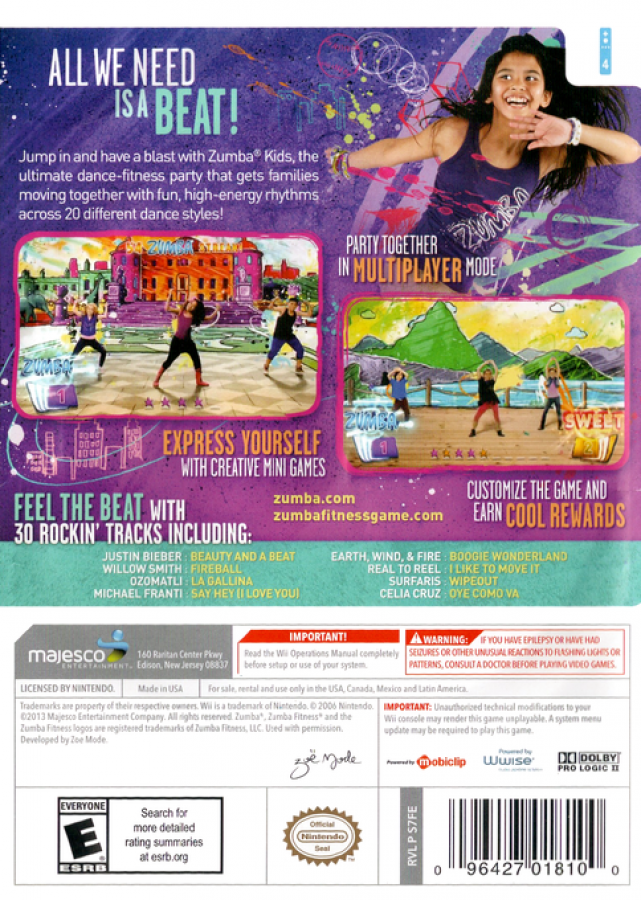 Zumba Kids back cover art for Nintendo Wii (Wii) featuring energetic dance fitness routines for children with colorful visuals and fun multiplayer party gameplay.