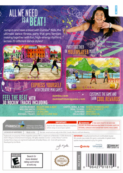 Zumba Kids back cover art for Nintendo Wii (Wii) featuring energetic dance fitness routines for children with colorful visuals and fun multiplayer party gameplay.