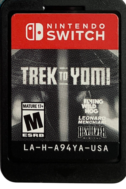 Trek to Yomi Nintendo Switch inspired design featuring cinematic samurai action adventure aesthetic black and white film inspired visuals side scrolling sword combat atmospheric storytelling feudal Japan setting emotional journey driven gameplay and stylized presentation cartridge