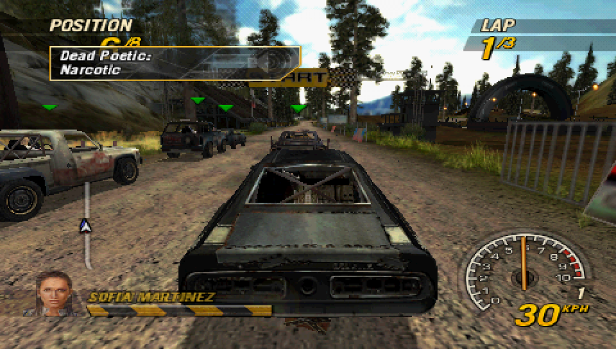 FlatOut Head On PSP inspired design featuring demolition racing action aesthetic high speed crashes destructive derby competition chaotic vehicle combat arcade style racing intense stunts explosive motorsport gameplay handheld gaming presentation gameplay 