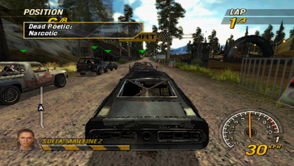 FlatOut Head On PSP inspired design featuring demolition racing action aesthetic high speed crashes destructive derby competition chaotic vehicle combat arcade style racing intense stunts explosive motorsport gameplay handheld gaming presentation gameplay 