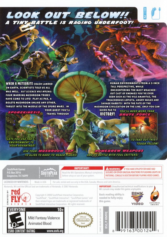 Mushroom Men: The Spore Wars – Nintendo Wii (Wii) action-adventure platformer shooter video game back of case