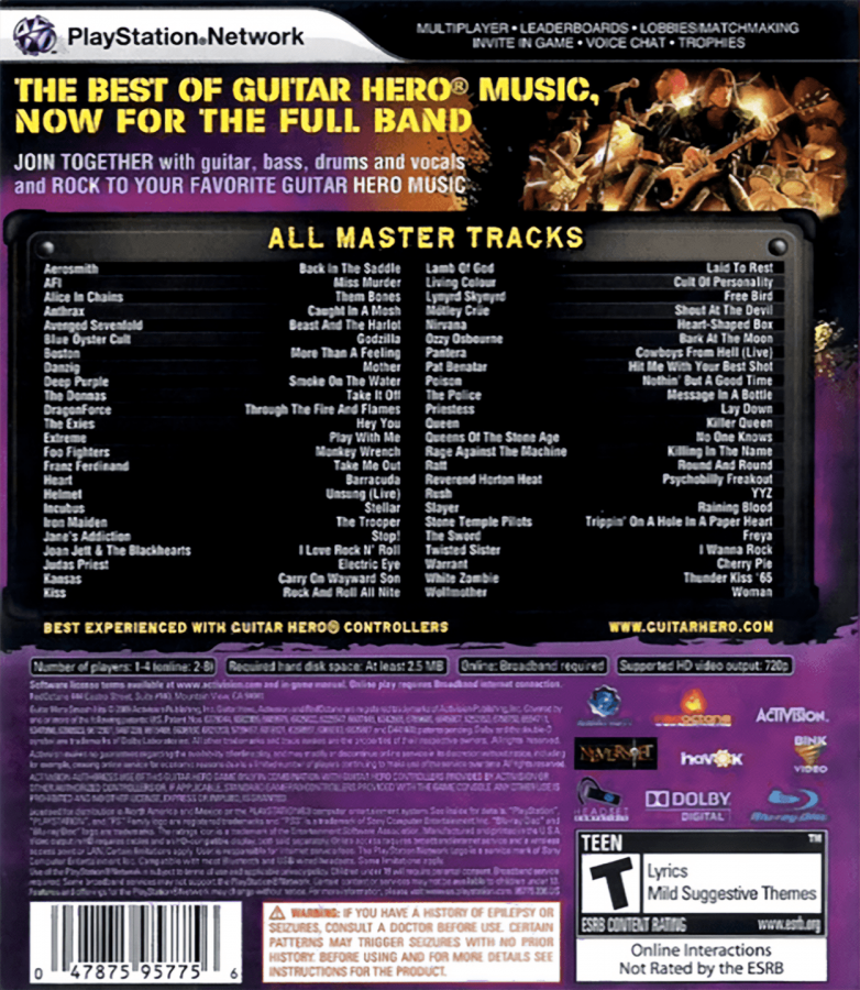 Guitar Hero Smash Hits back cover art for PlayStation 3 (PS3) video game