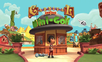 Carnival Games Mini Golf Nintendo Wii video game, motion-controlled sports mini-games, family-friendly party gameplay, Wii console title game main menu title screen
