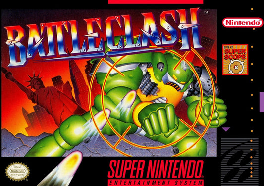 Battle Clash retro SNES video game Battle Clash sci fi mech combat light gun shooter futuristic robot battles arcade style action gameplay console title Super Nintendo release cover art