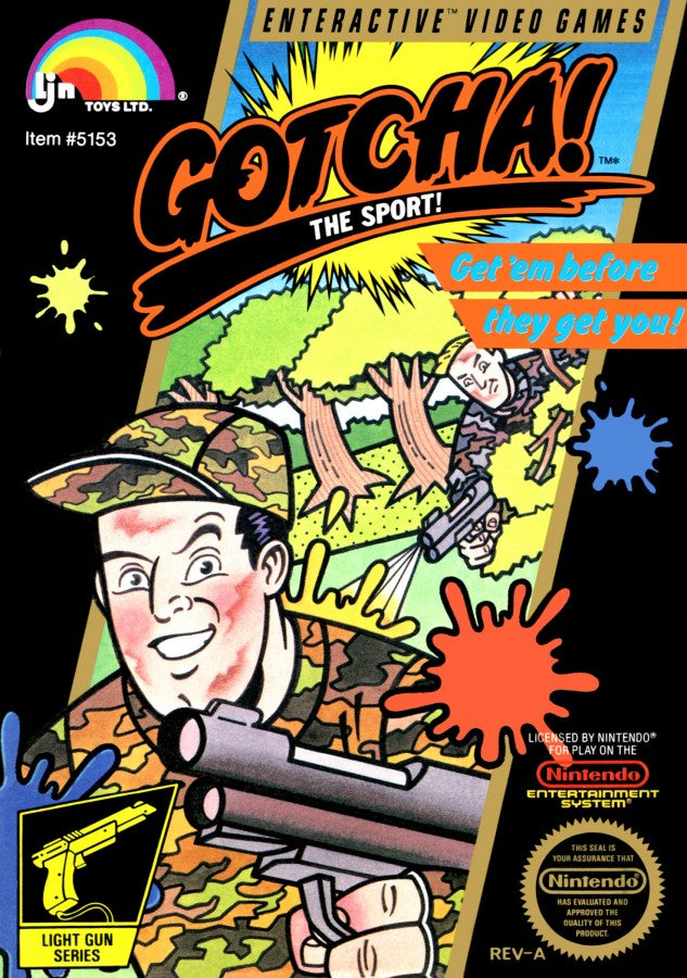 Gotcha The Sport Nintendo Entertainment System NES for retro video game enthusiasts featuring light gun compatible action gameplay paintball inspired battles fast paced target shooting competitive multiplayer fun colorful arenas and collectible gaming appeal cover art 