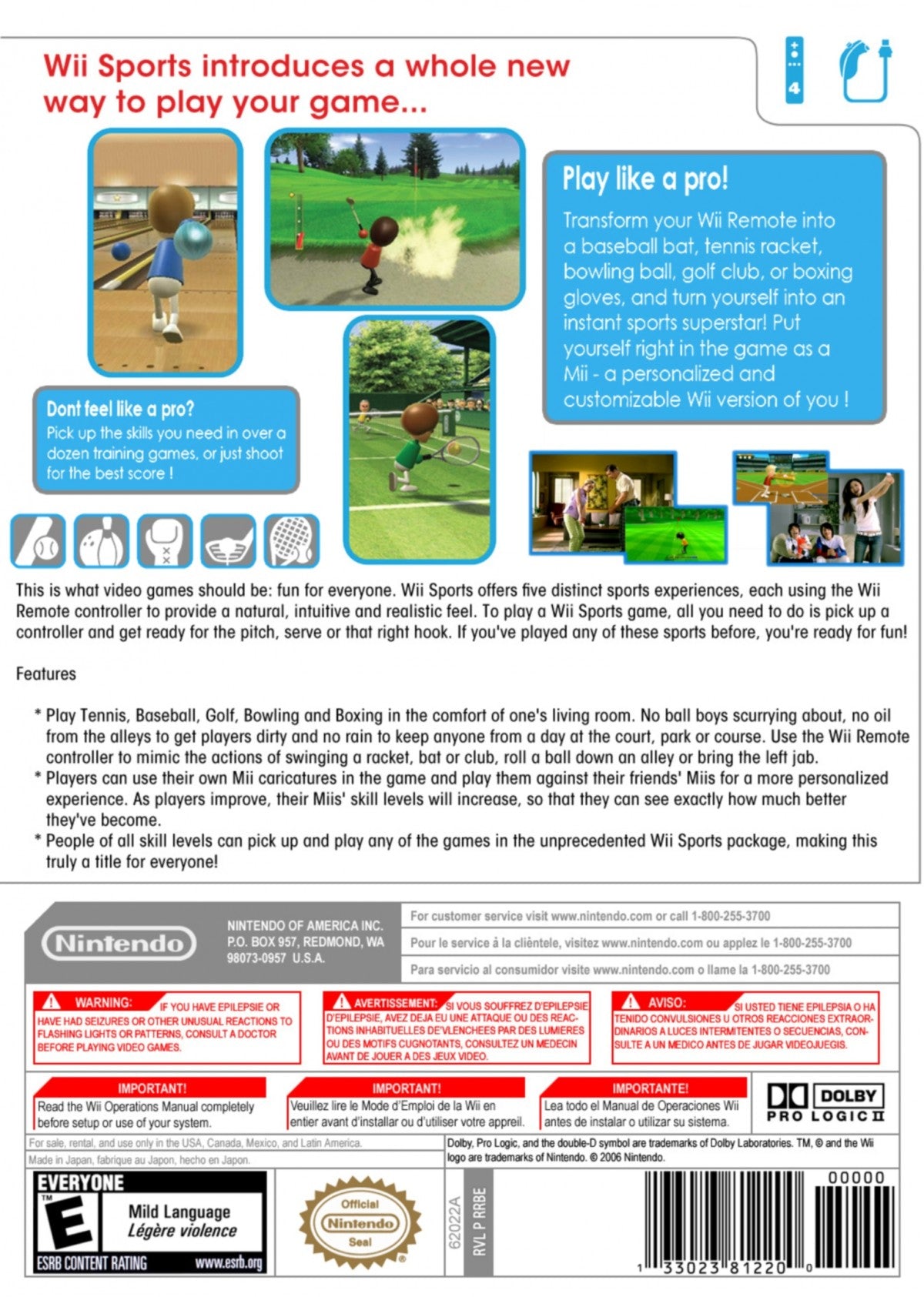 Wii Sports back cover art for Nintendo Wii (Wii) featuring motion‑controlled gameplay with tennis, bowling, baseball, golf, and boxing in a fun, family‑friendly sports collection.