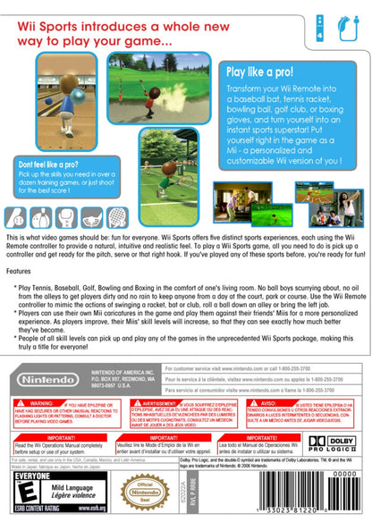 Wii Sports back cover art for Nintendo Wii (Wii) featuring motion‑controlled gameplay with tennis, bowling, baseball, golf, and boxing in a fun, family‑friendly sports collection.
