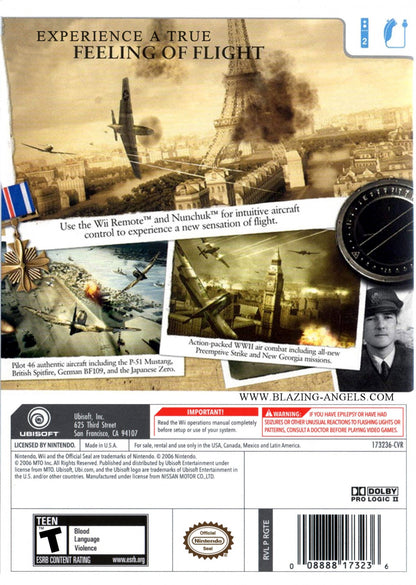 Blazing Angels Squadrons of WWII game featuring World War II aerial combat, historical fighter planes, and action-packed flight simulation back cover art