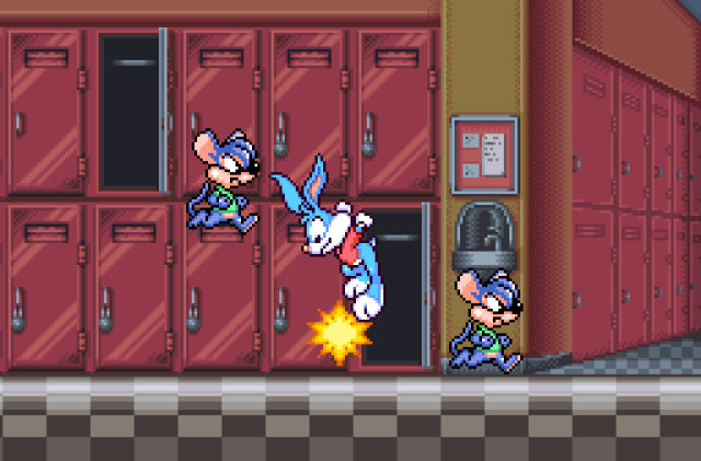 Buster Busts Loose game for the Super Nintendo Entertainment System featuring side scrolling platformer gameplay with cartoon style visuals fast paced levels special abilities and stages based on Tiny Toon Adventures starring Buster Bunny gameplay