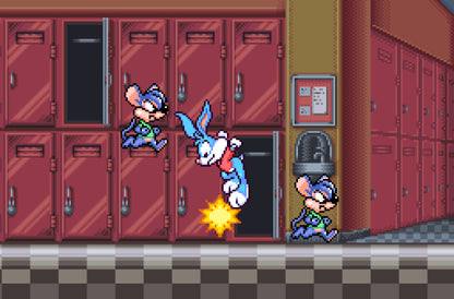 Buster Busts Loose game for the Super Nintendo Entertainment System featuring side scrolling platformer gameplay with cartoon style visuals fast paced levels special abilities and stages based on Tiny Toon Adventures starring Buster Bunny gameplay