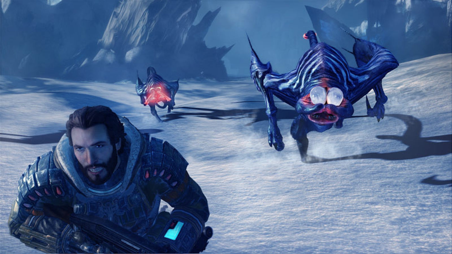 Lost Planet 3 Xbox 360 inspired design featuring sci fi survival shooter aesthetic frozen alien planet exploration industrial mech equipment hostile creature encounters cinematic action combat futuristic colonization atmosphere nostalgic Capcom gameplay presentation gameplay